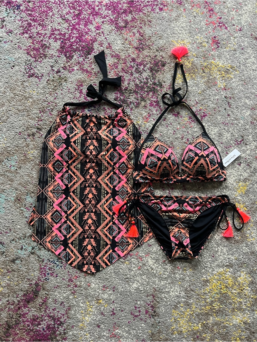 La Vie En Rose Pink & Black Geometric Tankini Set with Tassels